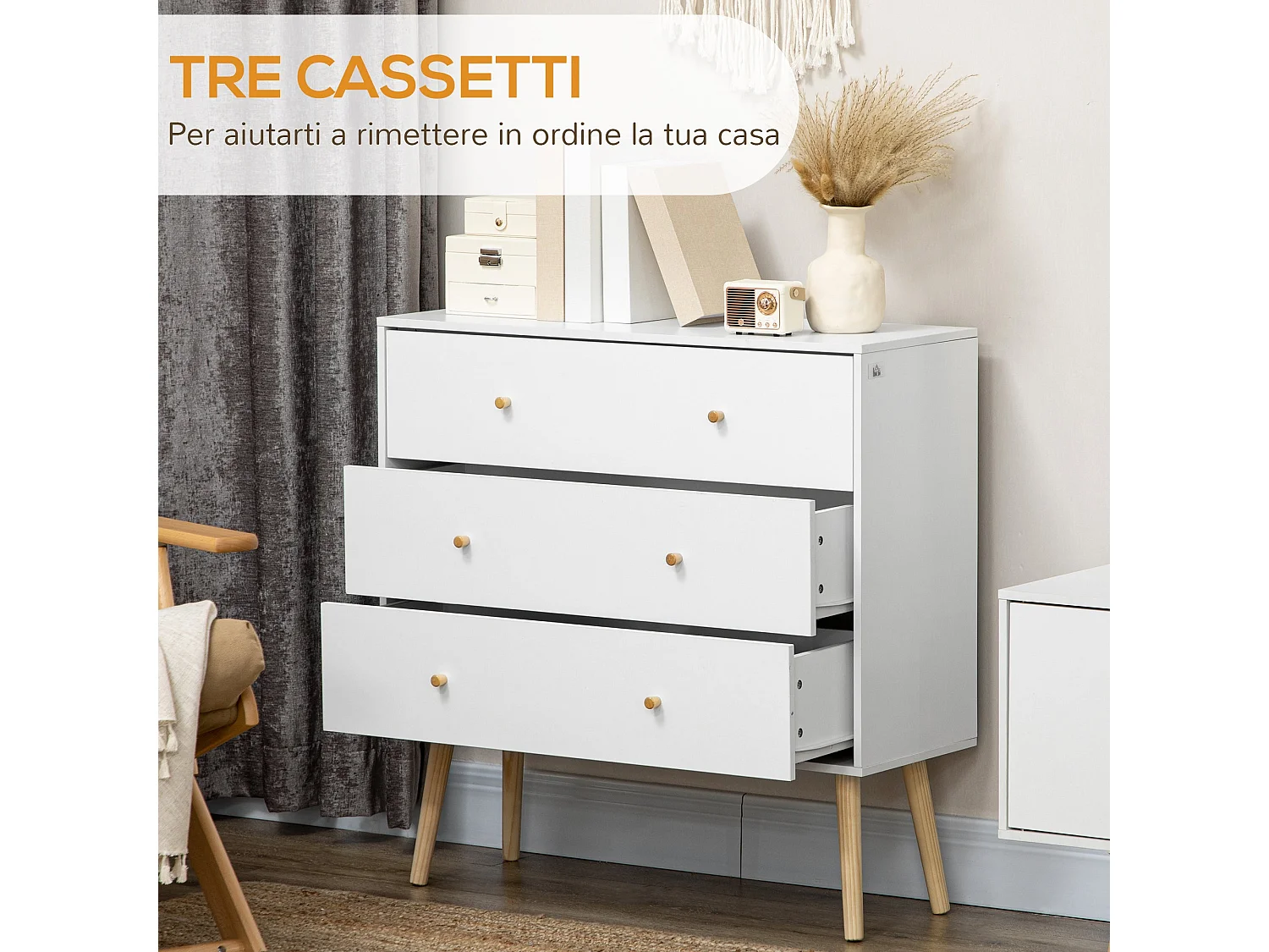 Lerosa Scandi White 3 Drawer Chest with Natural Angled Wooden Legs