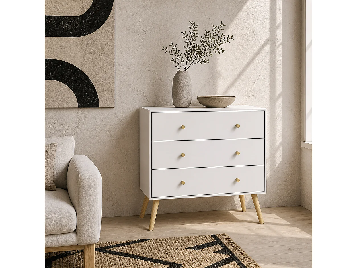 Lerosa Scandi White 3 Drawer Chest with Natural Angled Wooden Legs