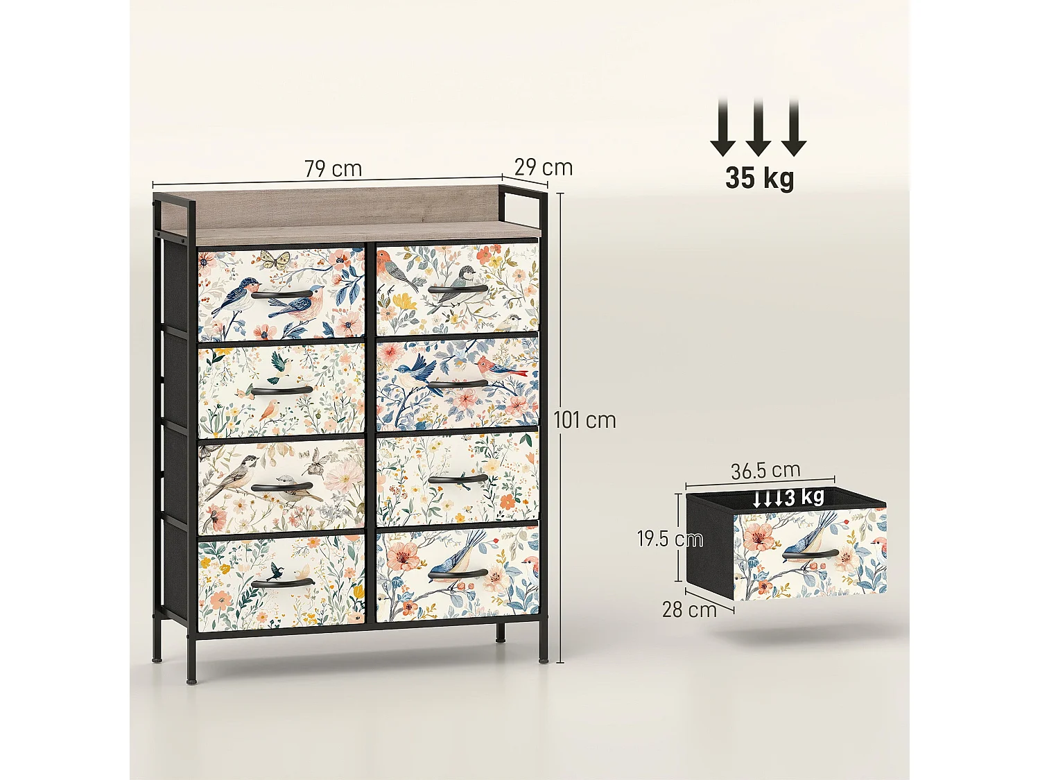 Tonona White 8 Drawer Fabric Storage Chest 79 x 29 x 101cm