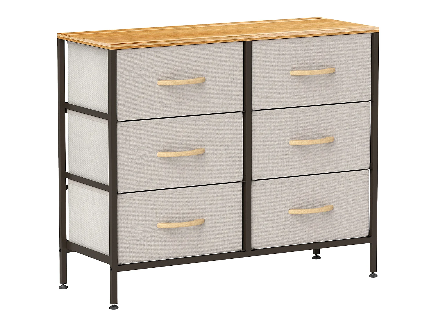 Nali 6 Drawer Cream White Fabric Dresser with Steel Frame and Maple Effect Top