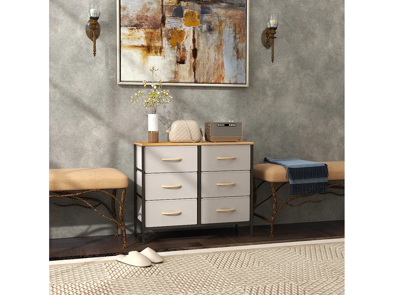 Nali 6 Drawer Cream White Fabric Dresser with Steel Frame and Maple Effect Top
