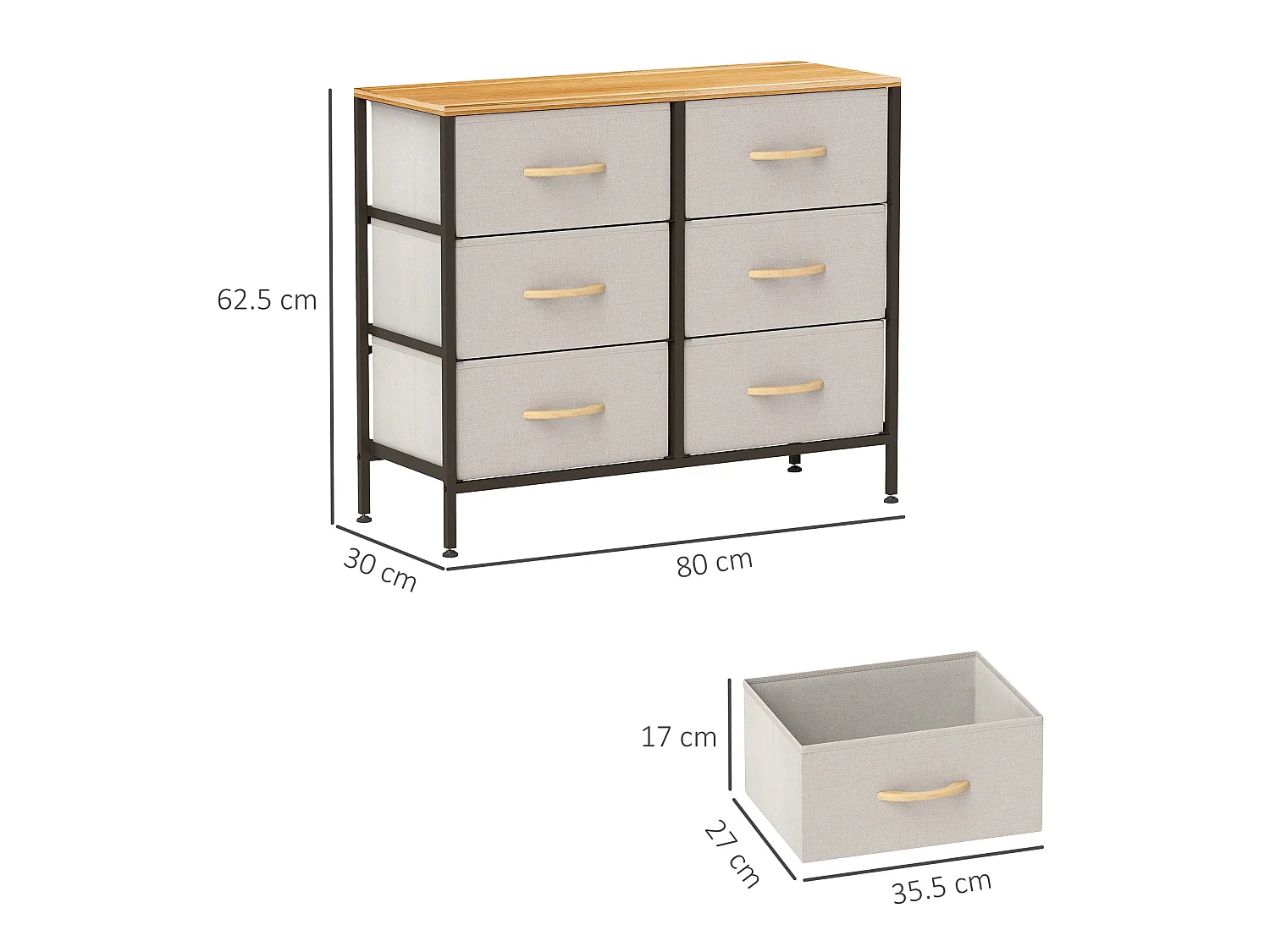 Nali 6 Drawer Cream White Fabric Dresser with Steel Frame and Maple Effect Top