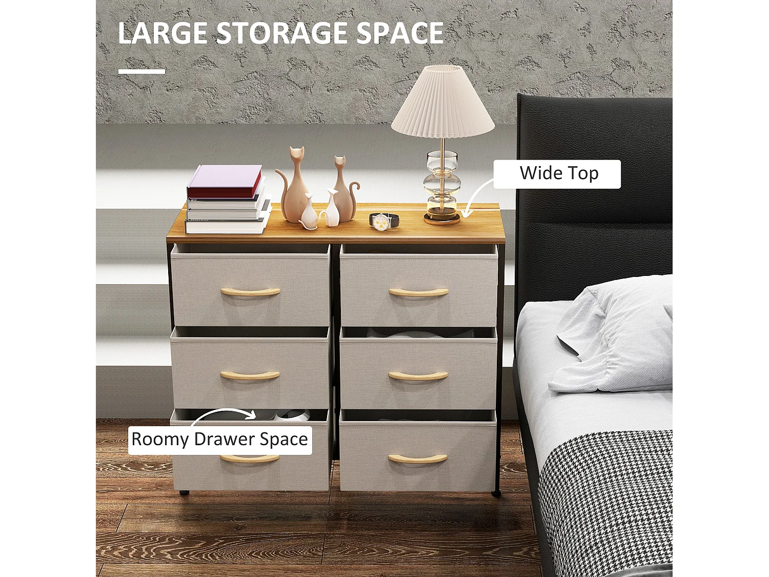 Nali 6 Drawer Cream White Fabric Dresser with Steel Frame and Maple Effect Top