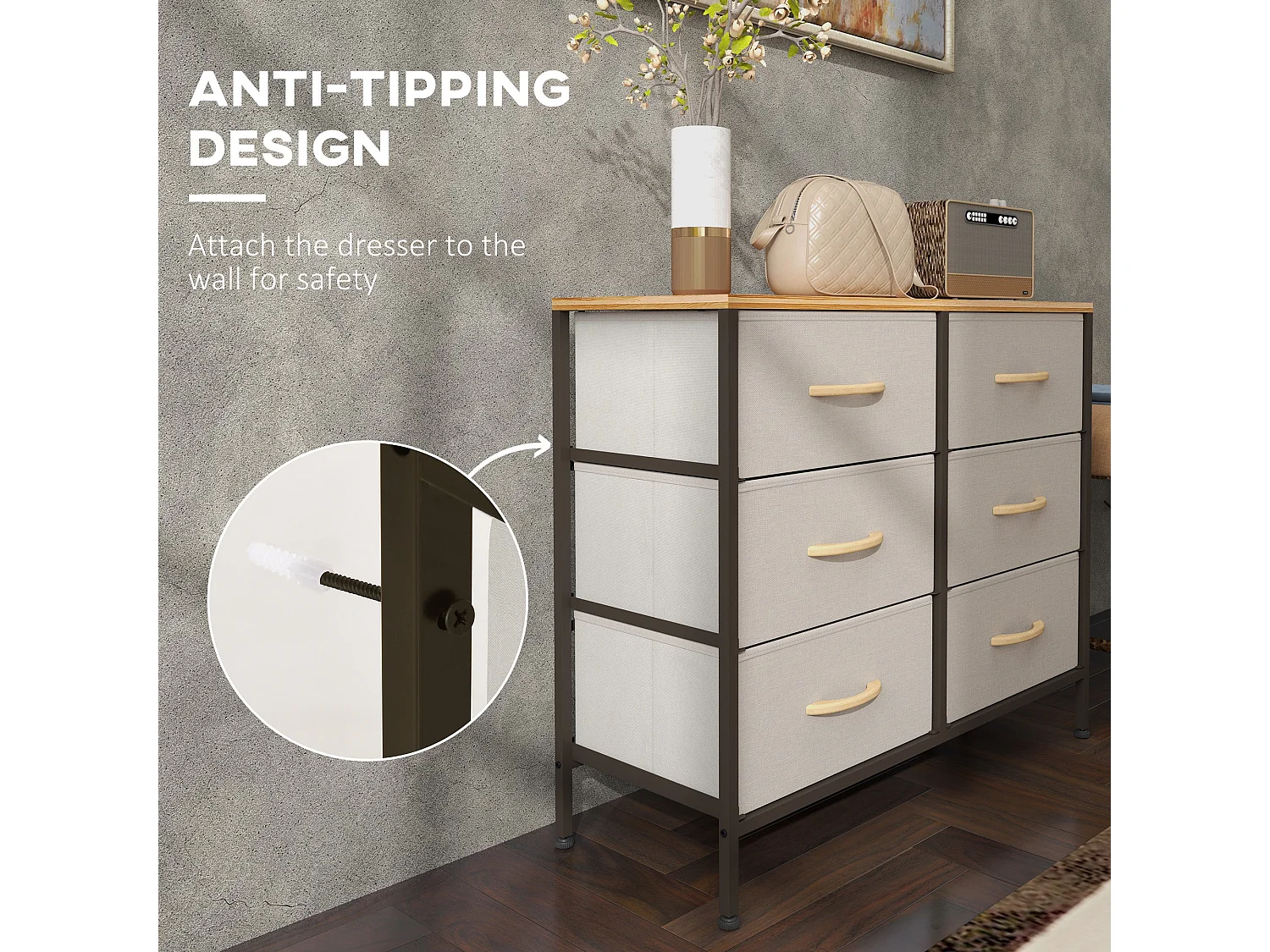 Nali 6 Drawer Cream White Fabric Dresser with Steel Frame and Maple Effect Top