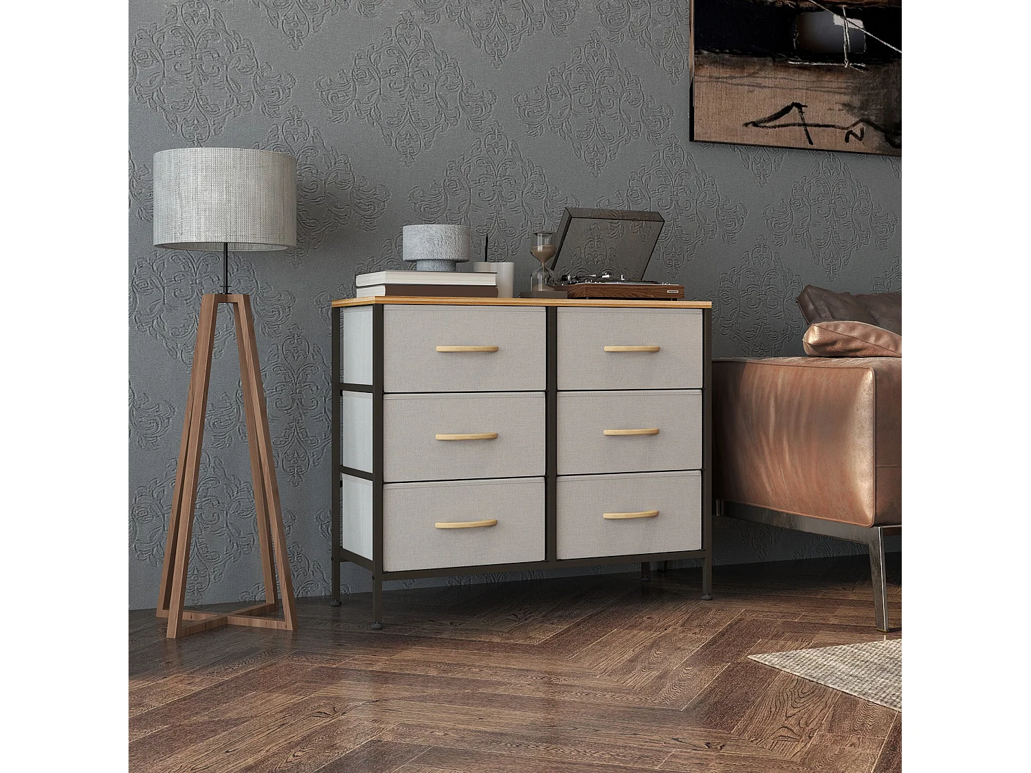 Nali 6 Drawer Cream White Fabric Dresser with Steel Frame and Maple Effect Top