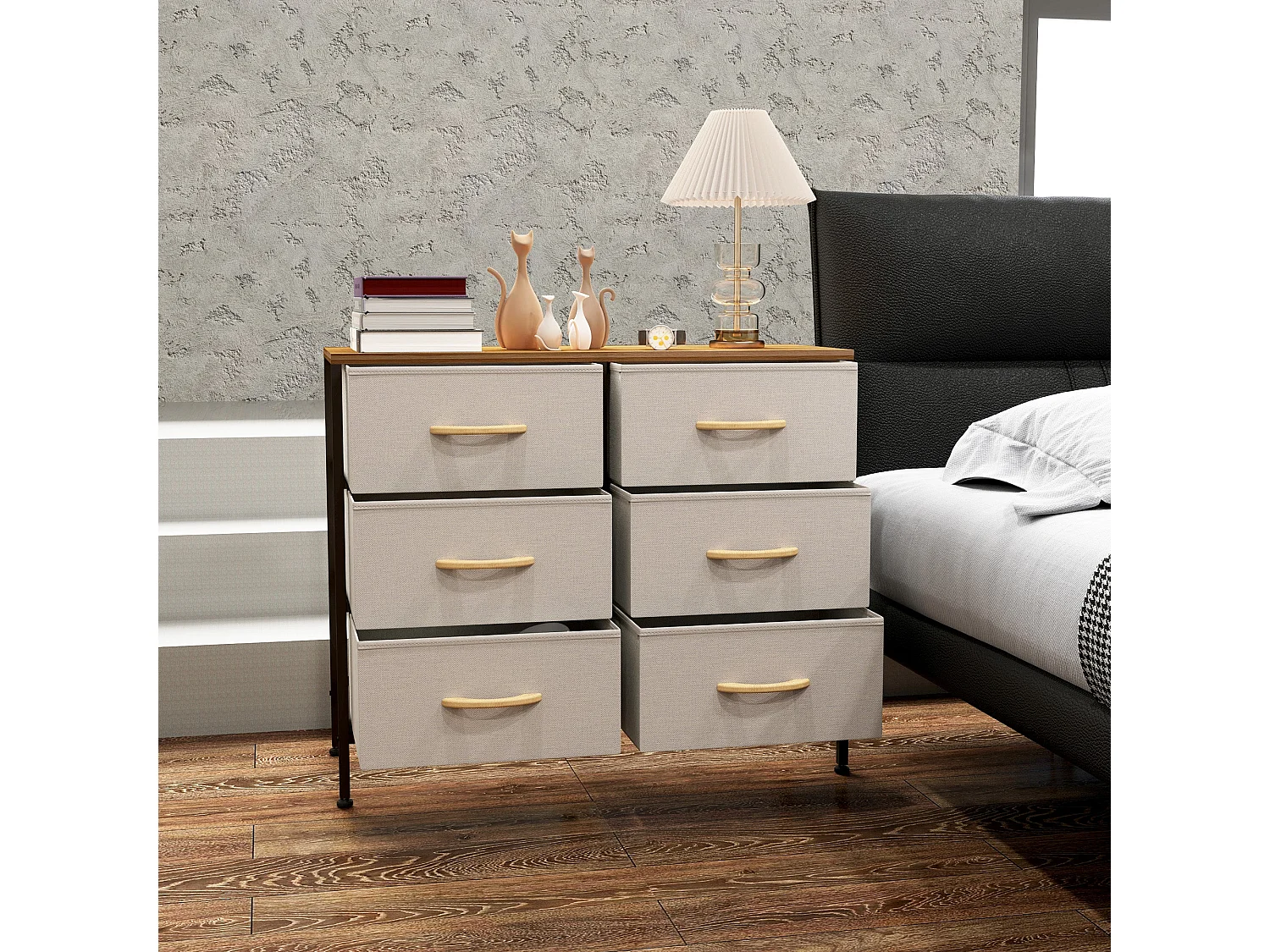Nali 6 Drawer Cream White Fabric Dresser with Steel Frame and Maple Effect Top