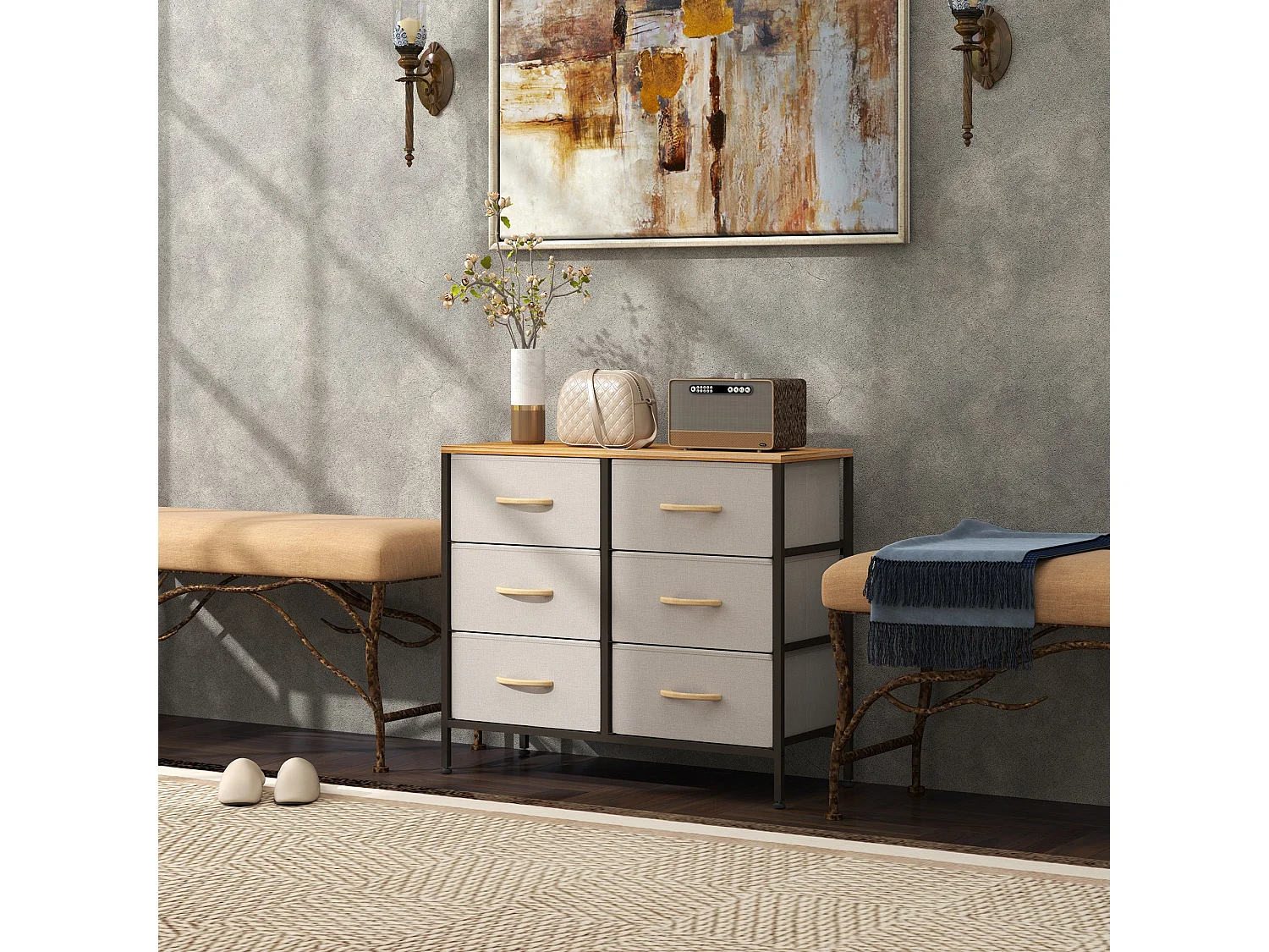 Nali 6 Drawer Cream White Fabric Dresser with Steel Frame and Maple Effect Top