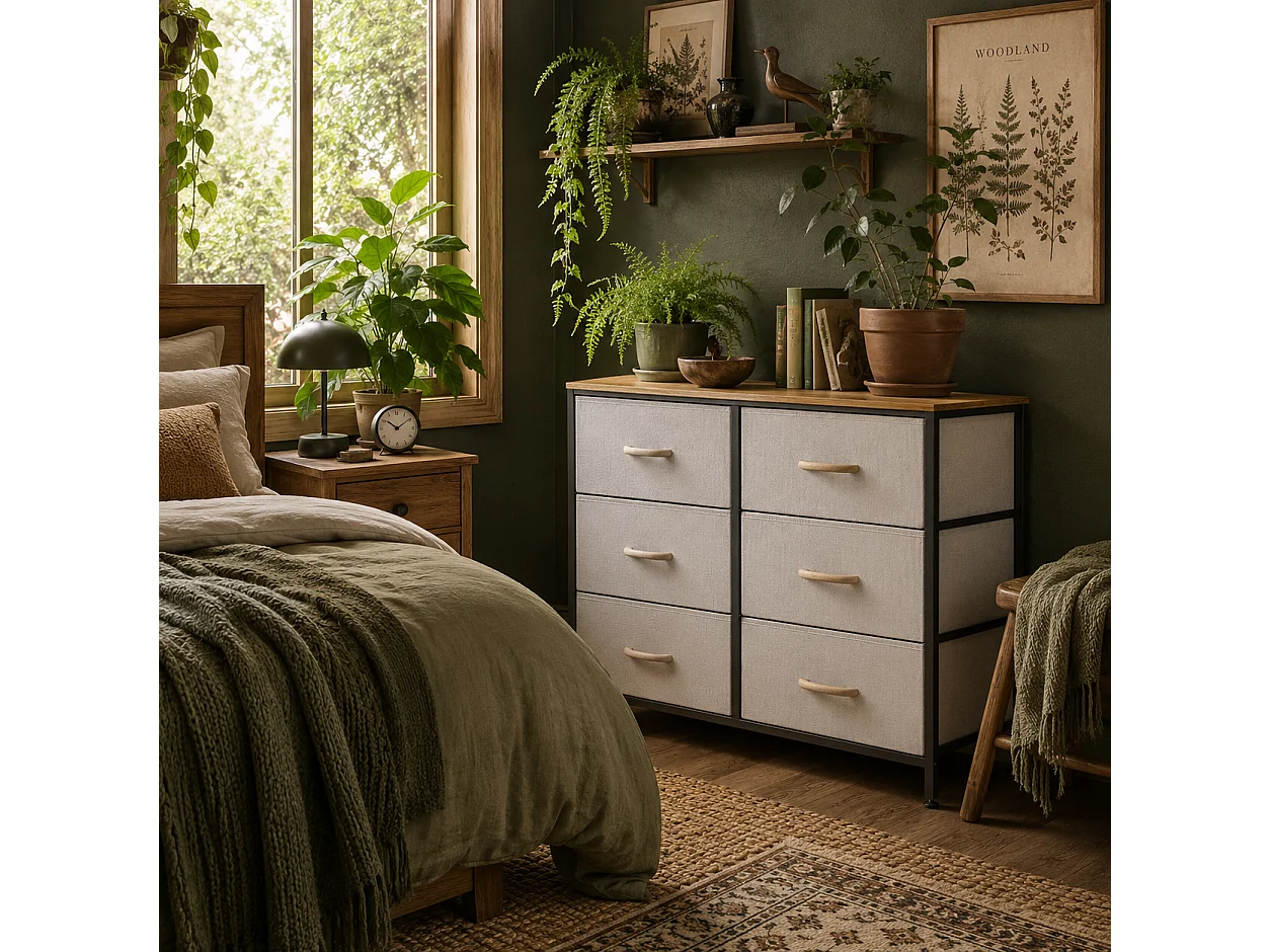 Nali 6 Drawer Cream White Fabric Dresser with Steel Frame and Maple Effect Top