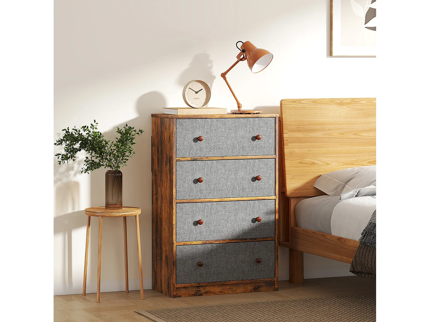 Sovise 4 Drawer Fabric Storage Dresser Grey and Rustic Brown