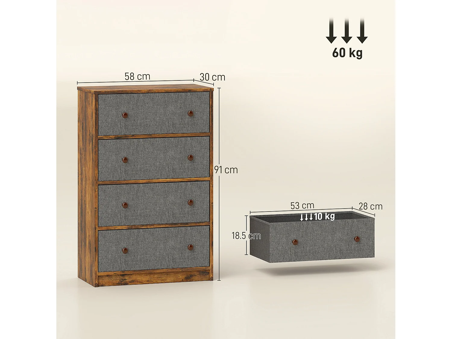 Sovise 4 Drawer Fabric Storage Dresser Grey and Rustic Brown