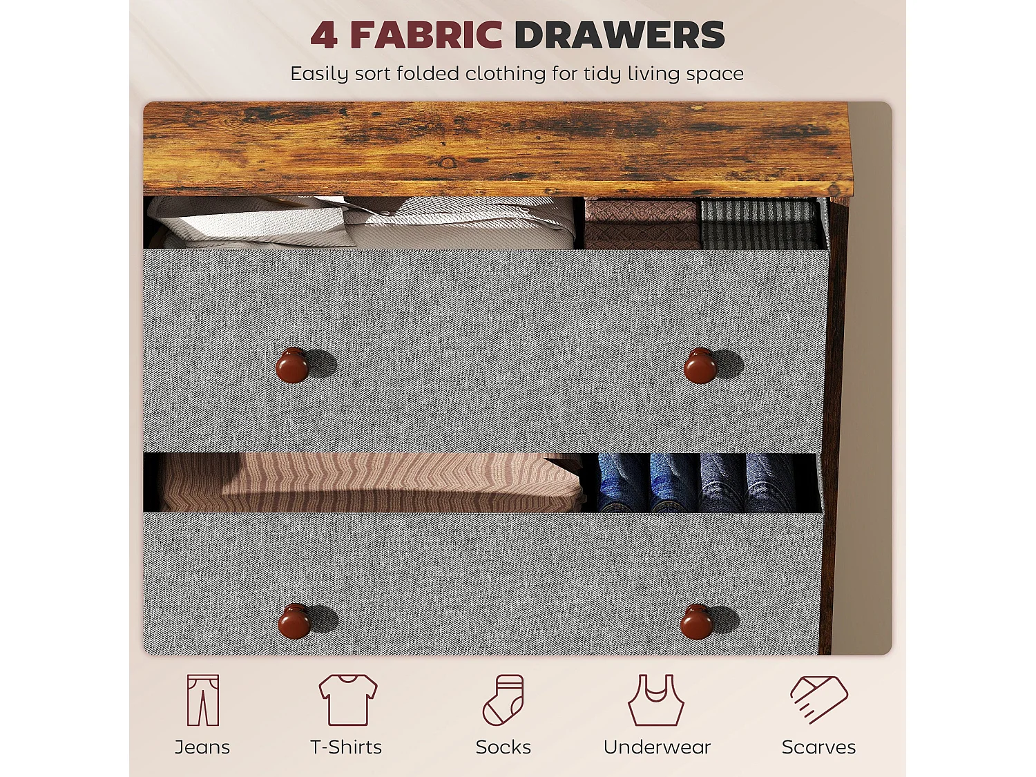 Sovise 4 Drawer Fabric Storage Dresser Grey and Rustic Brown