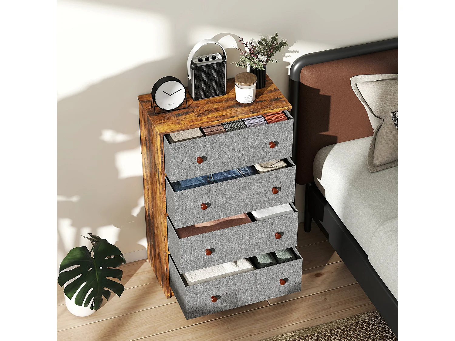 Sovise 4 Drawer Fabric Storage Dresser Grey and Rustic Brown