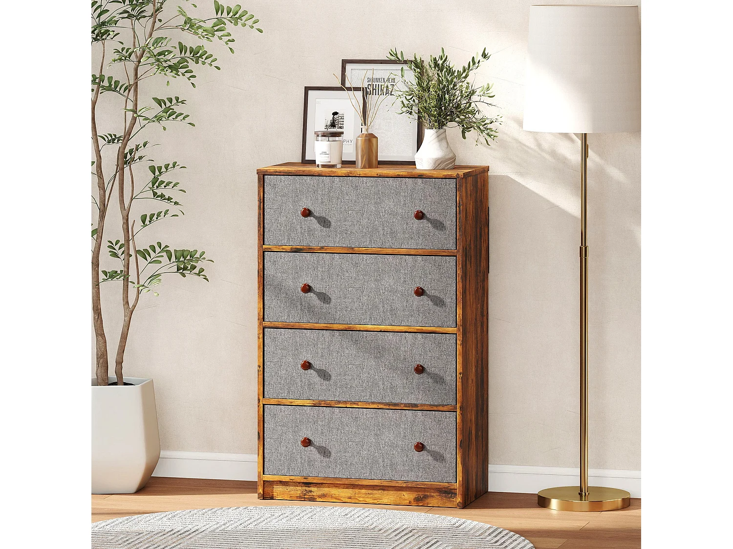 Sovise 4 Drawer Fabric Storage Dresser Grey and Rustic Brown