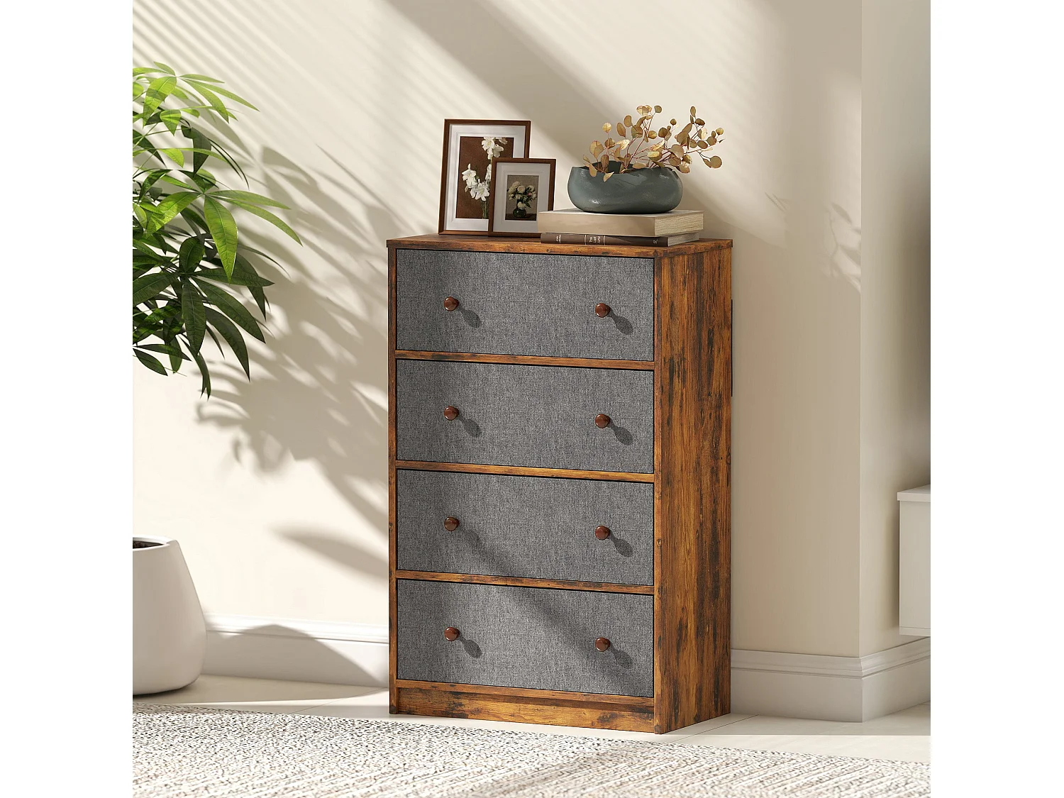 Sovise 4 Drawer Fabric Storage Dresser Grey and Rustic Brown