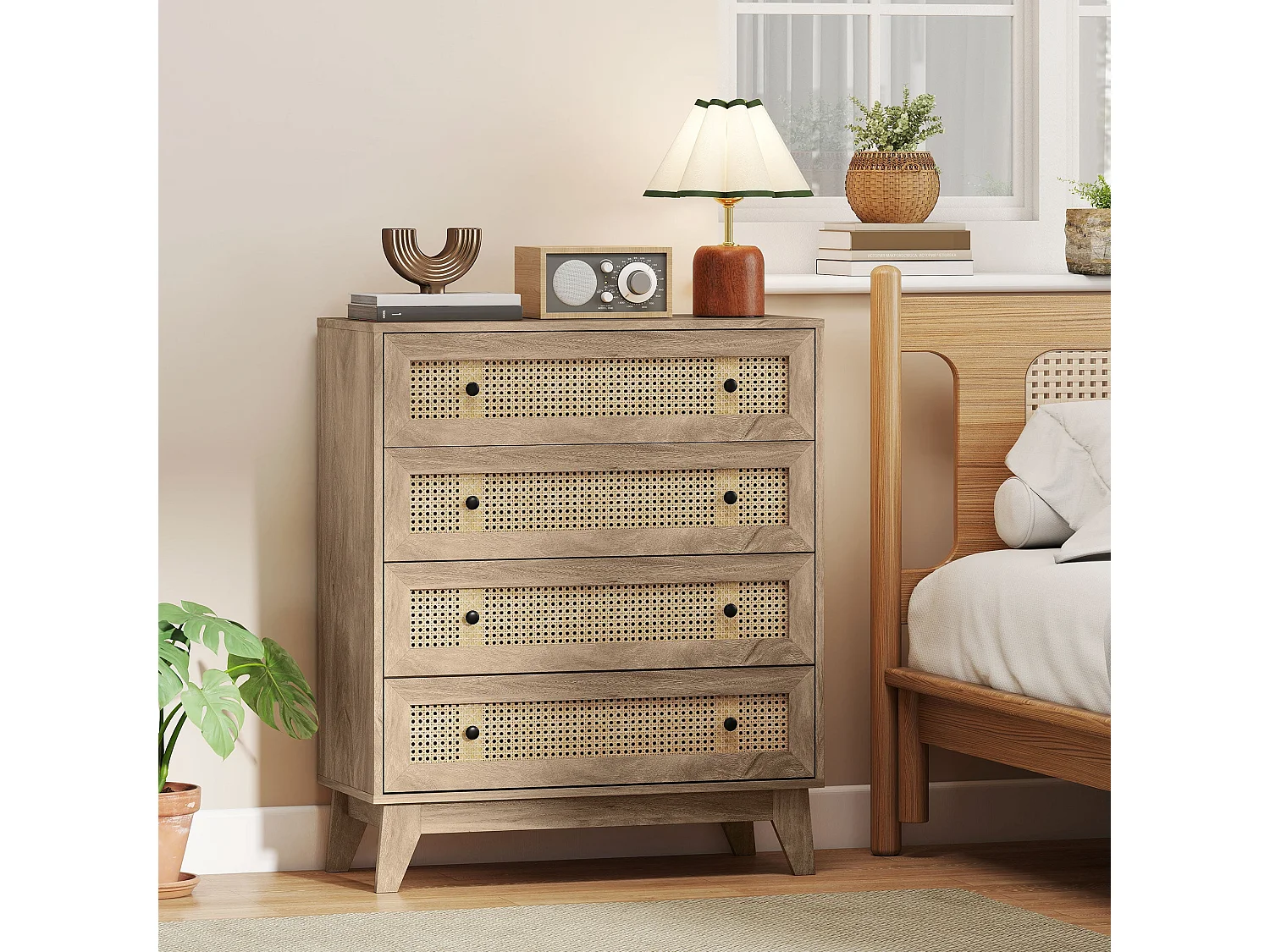 Mohetak Natural Wood Effect and Rattan 4 Drawer Chest