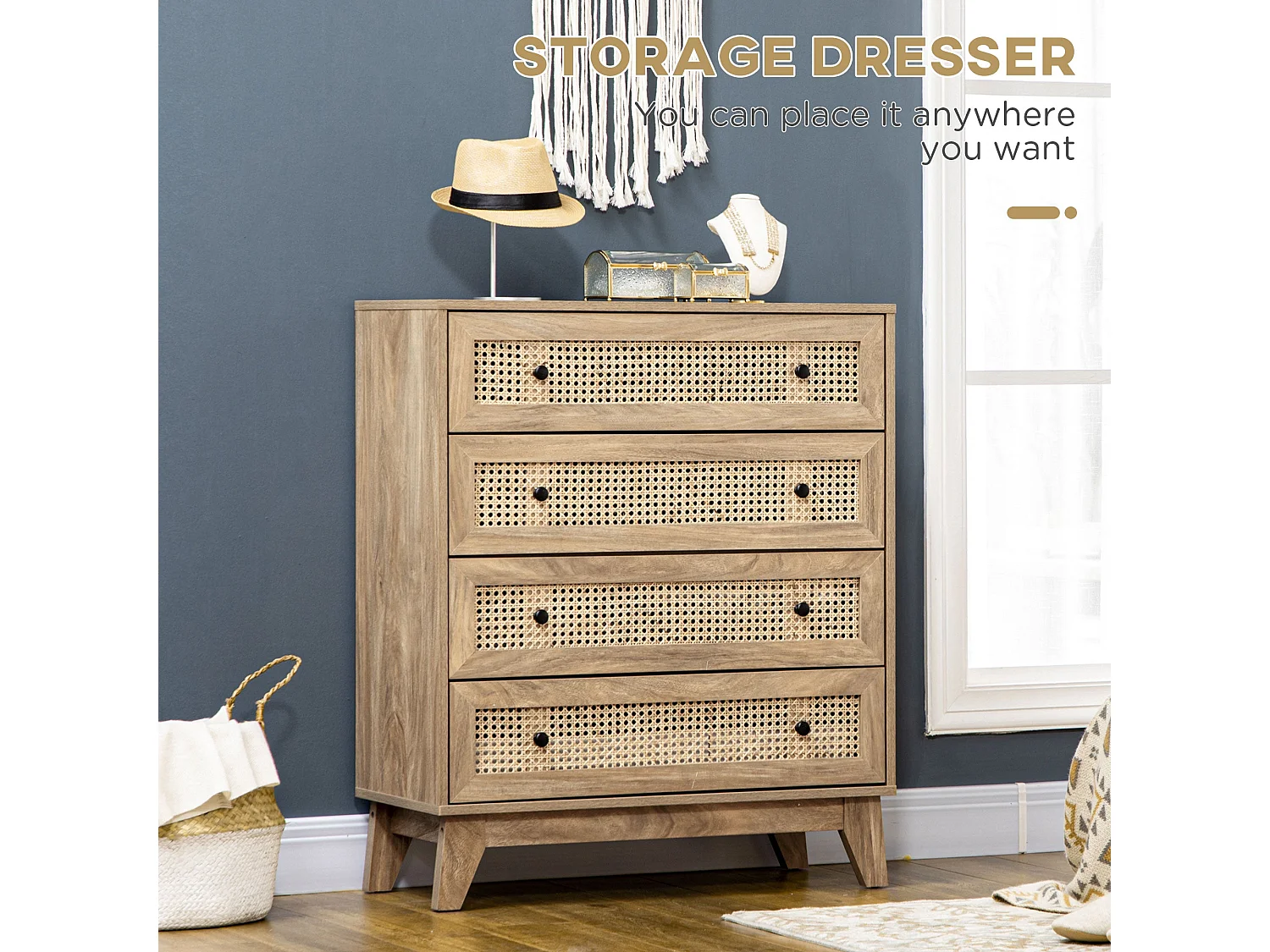Mohetak Natural Wood Effect and Rattan 4 Drawer Chest