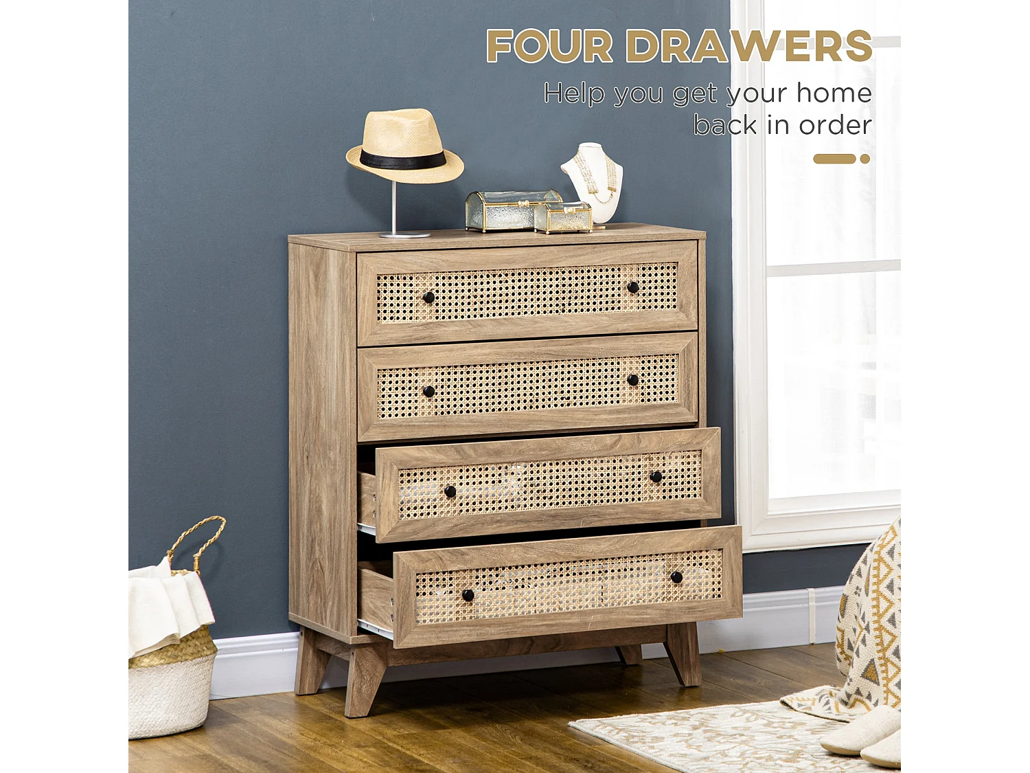 Mohetak Natural Wood Effect and Rattan 4 Drawer Chest