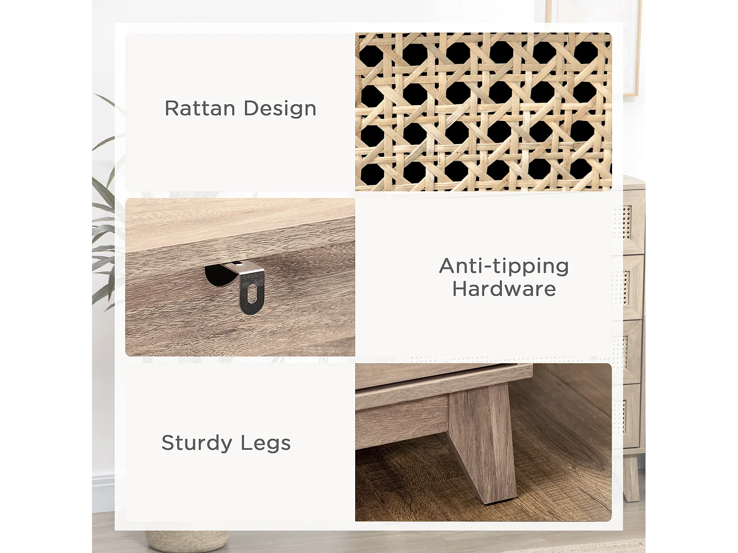 Mohetak Natural Wood Effect and Rattan 4 Drawer Chest