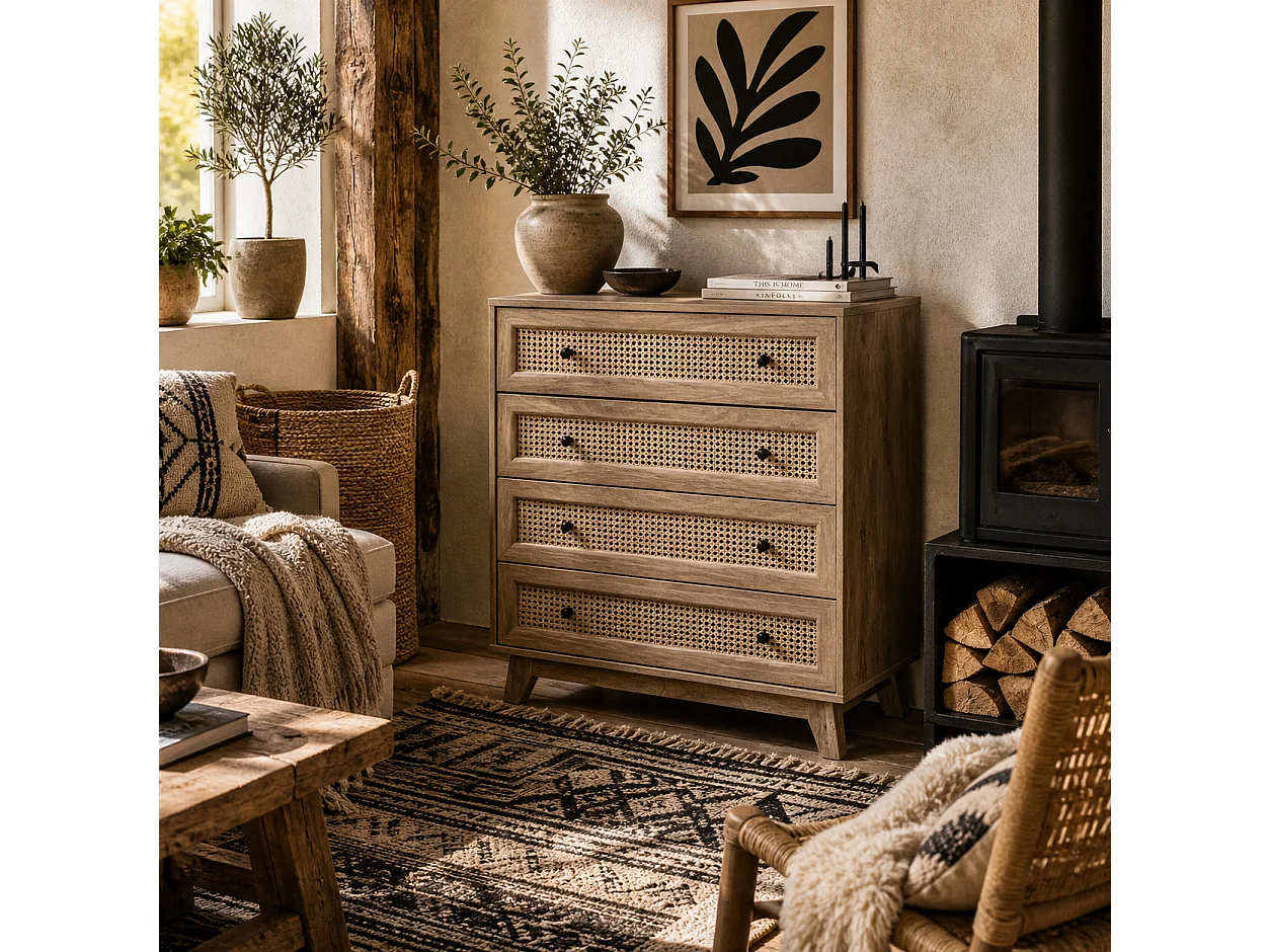 Mohetak Natural Wood Effect and Rattan 4 Drawer Chest