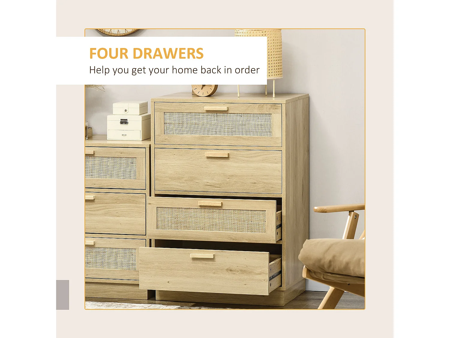 Reredito 4 Drawer Chest Natural Wood Effect with Rattan Panels