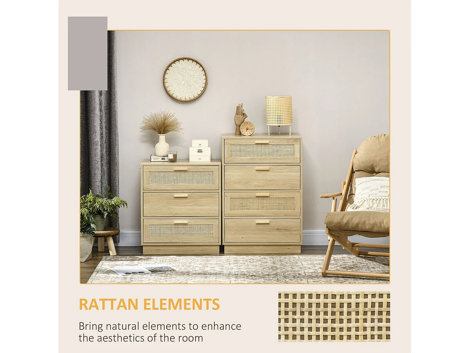 Reredito 4 Drawer Chest Natural Wood Effect with Rattan Panels