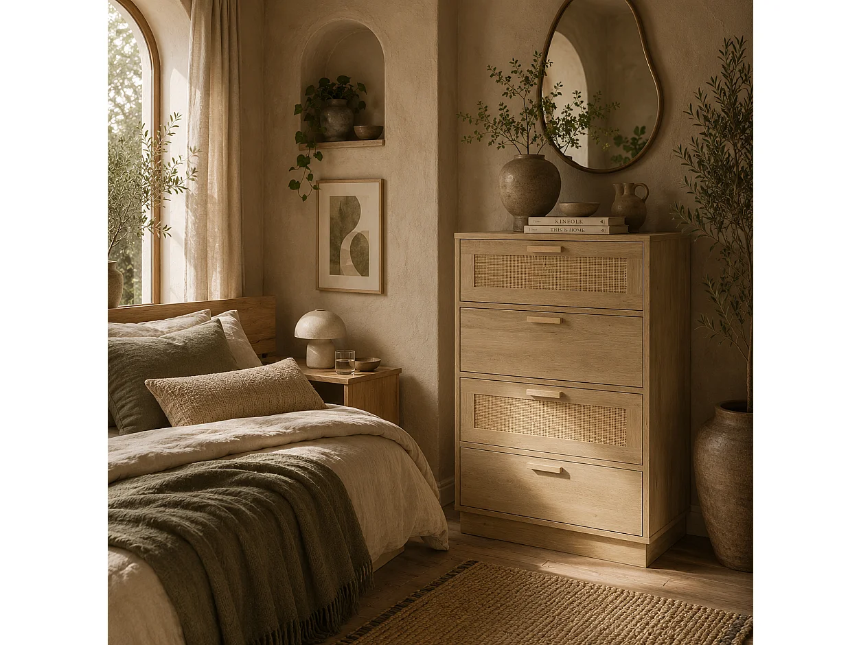 Reredito 4 Drawer Chest Natural Wood Effect with Rattan Panels