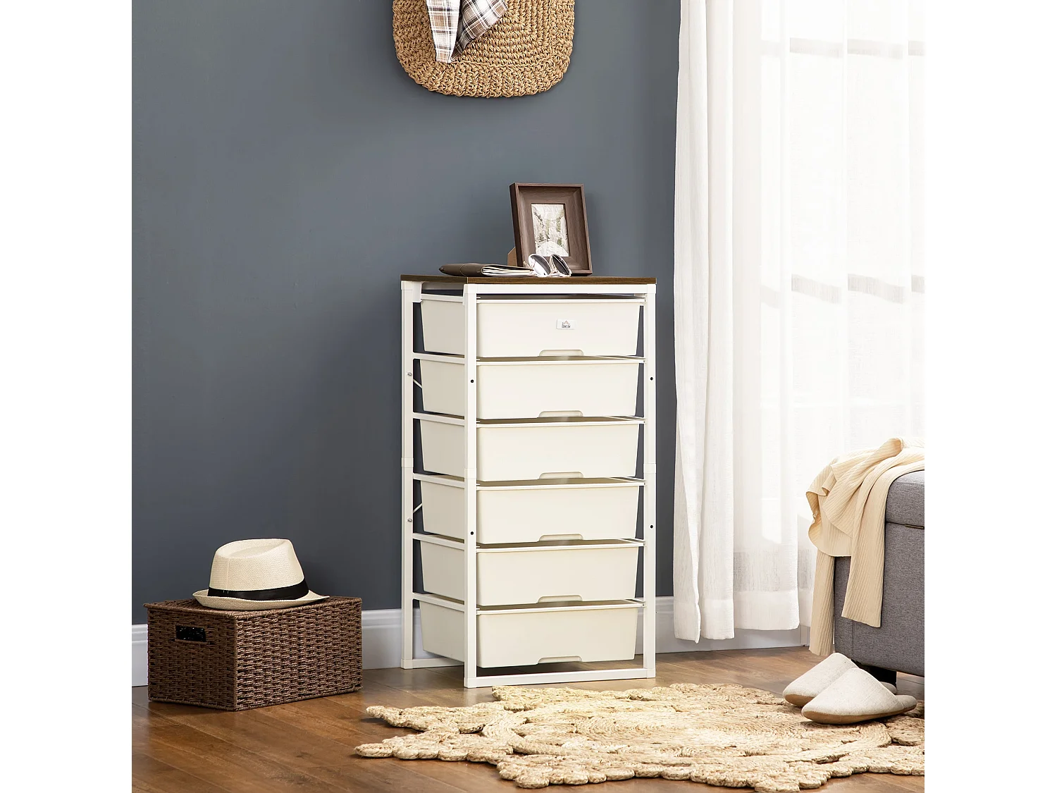 Kedina Tall 6 Drawer Storage Chest White Drawers Walnut Effect Top Steel Frame