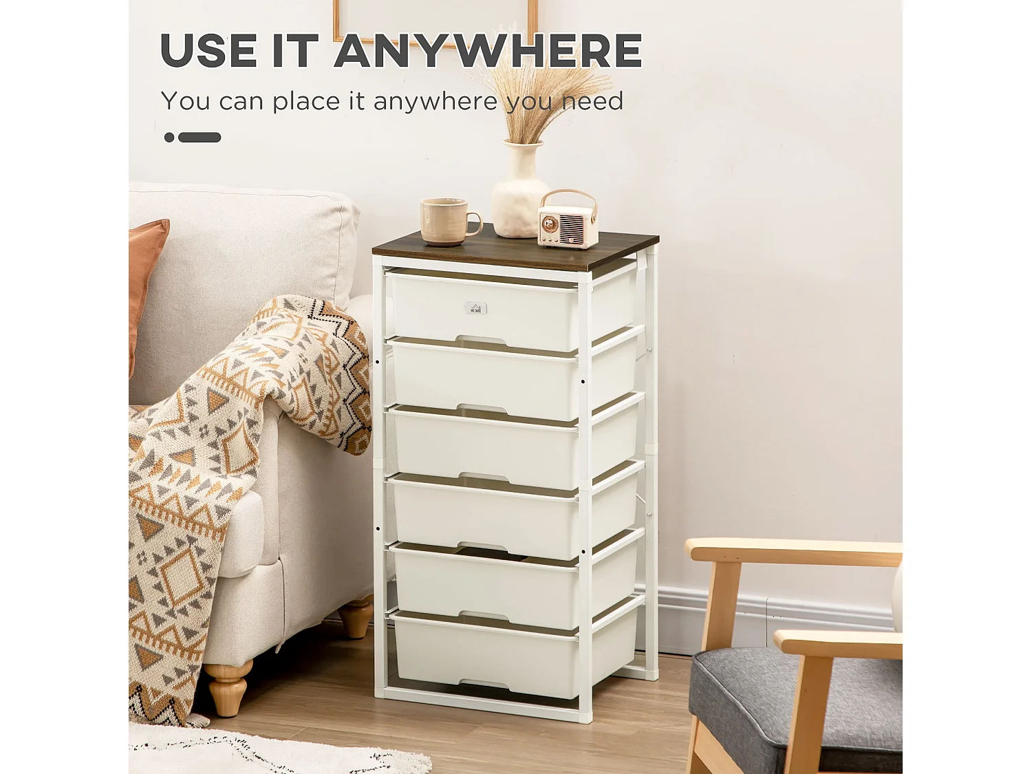 Kedina Tall 6 Drawer Storage Chest White Drawers Walnut Effect Top Steel Frame