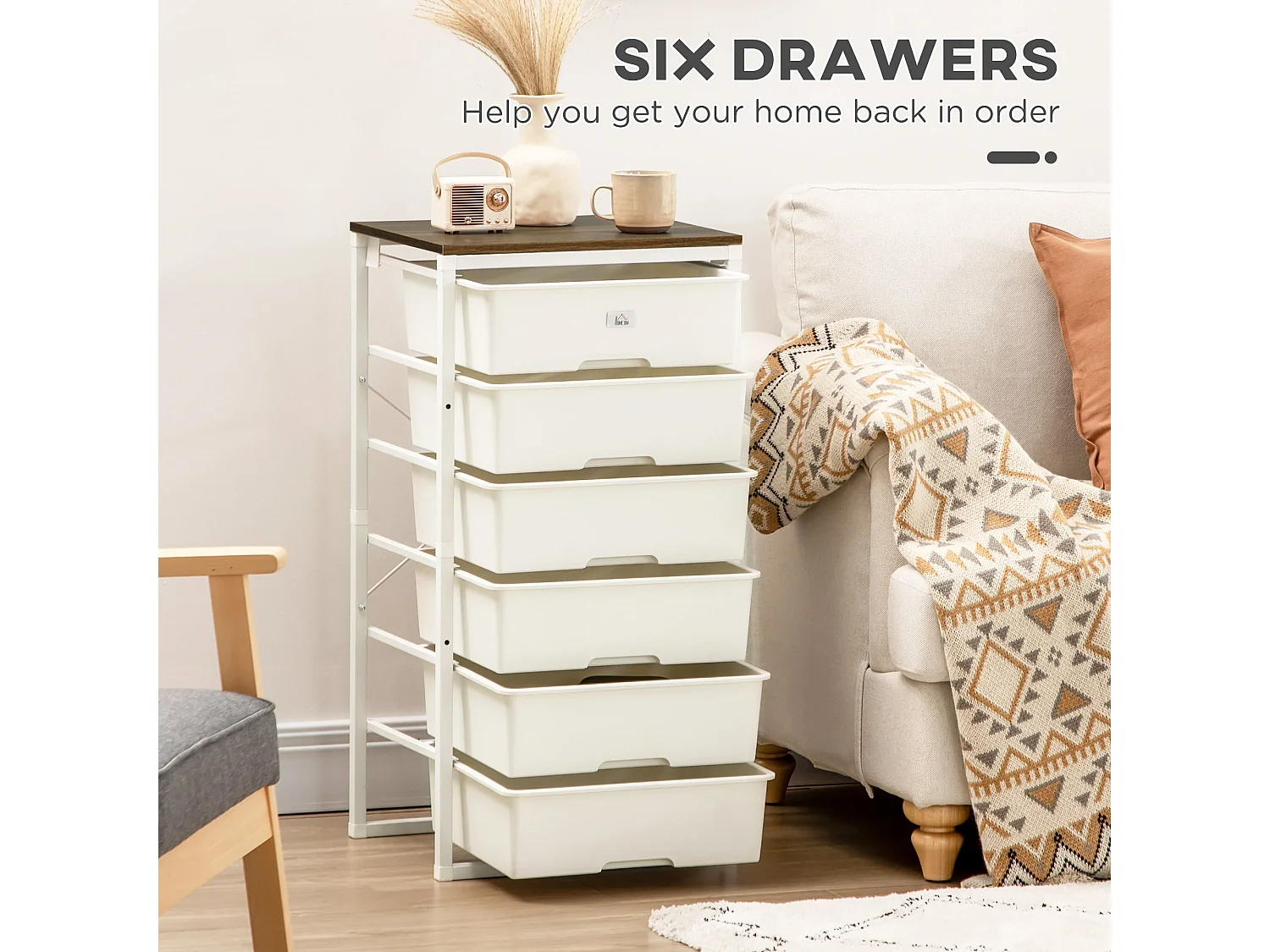 Kedina Tall 6 Drawer Storage Chest White Drawers Walnut Effect Top Steel Frame