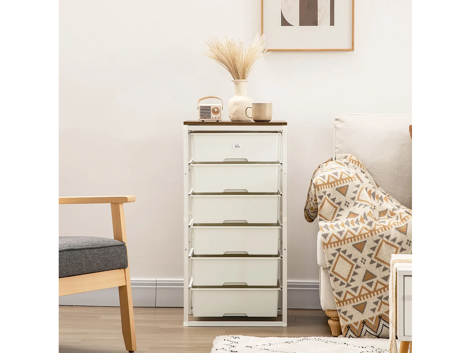 Kedina Tall 6 Drawer Storage Chest White Drawers Walnut Effect Top Steel Frame