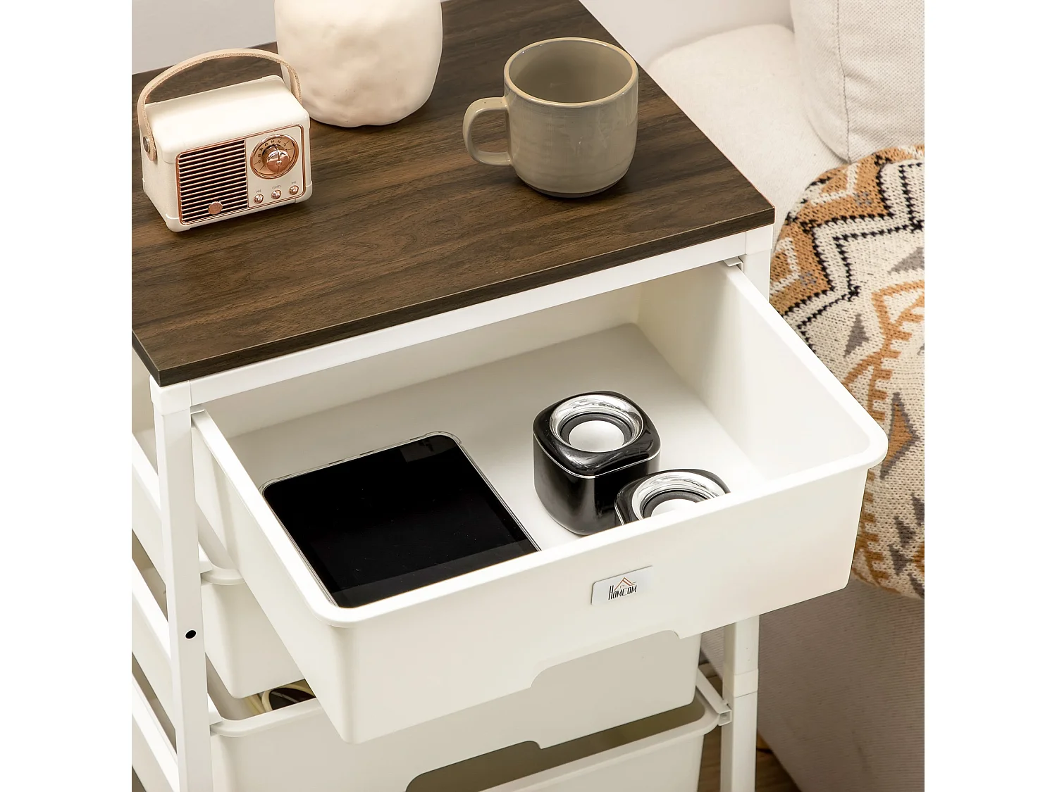 Kedina Tall 6 Drawer Storage Chest White Drawers Walnut Effect Top Steel Frame