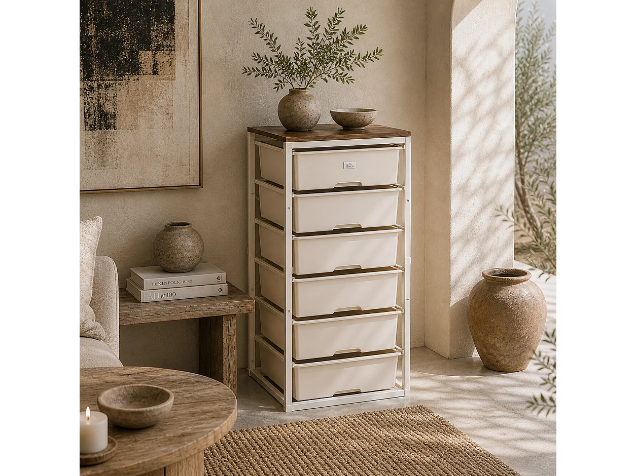 Kedina Tall 6 Drawer Storage Chest White Drawers Walnut Effect Top Steel Frame