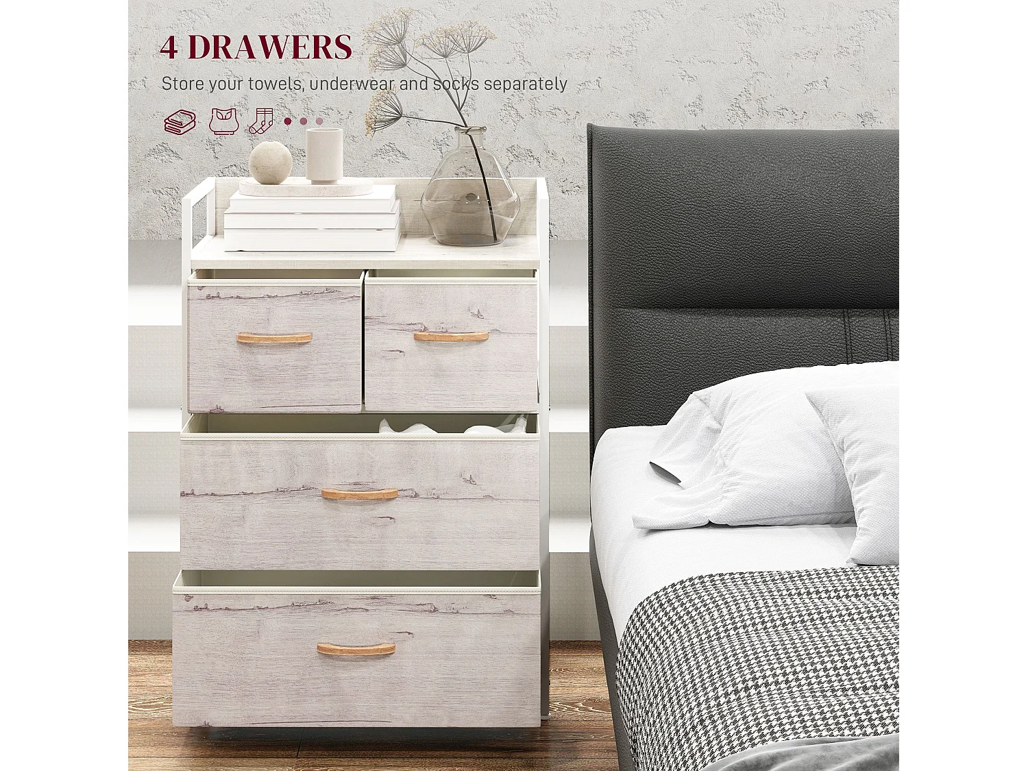 Palike Grey and White Wood Effect 4 Drawer Fabric Chest