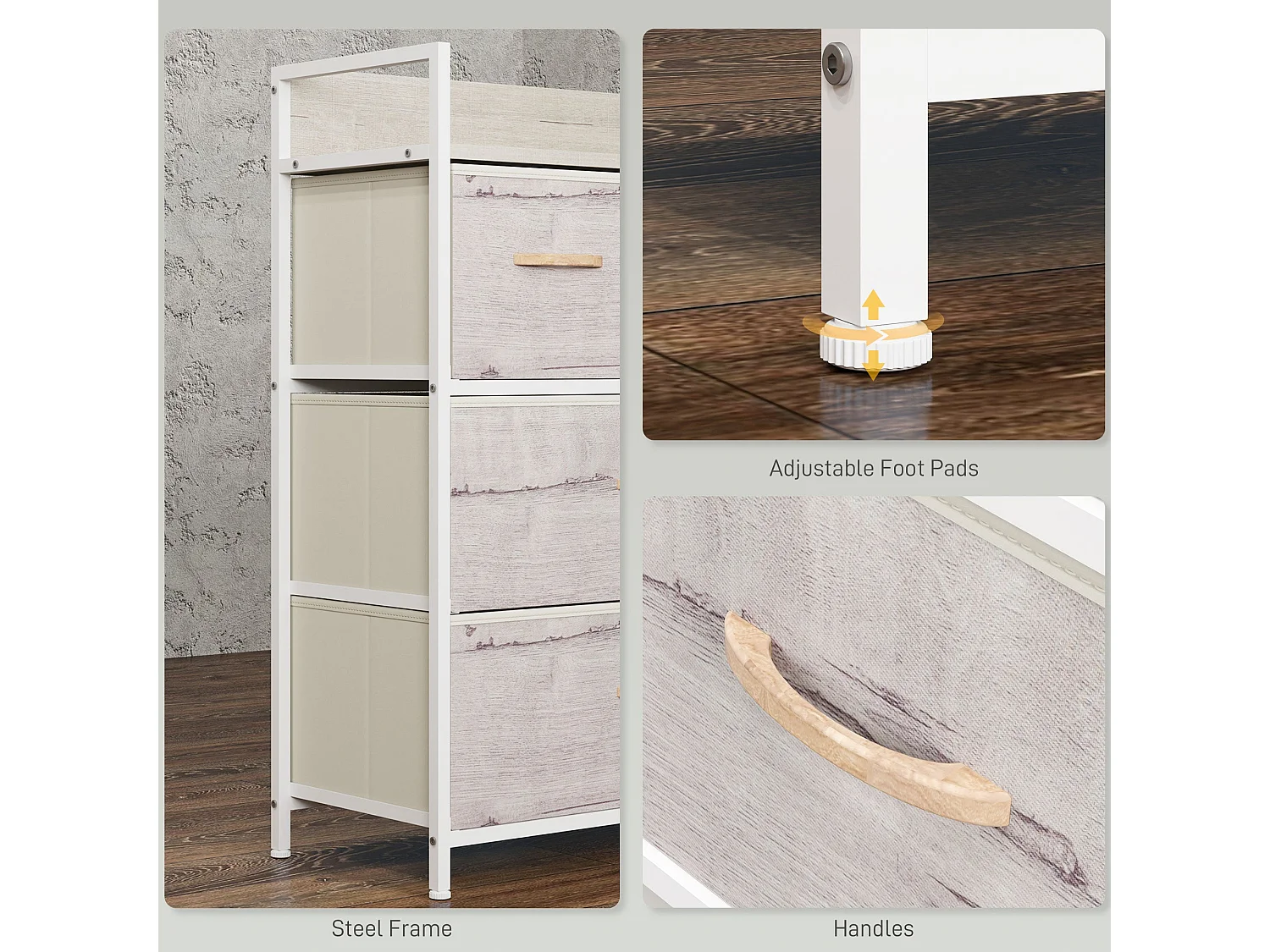 Palike Grey and White Wood Effect 4 Drawer Fabric Chest