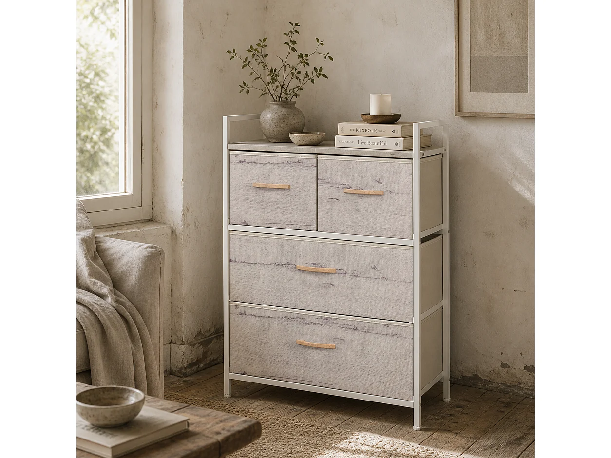 Palike Grey and White Wood Effect 4 Drawer Fabric Chest