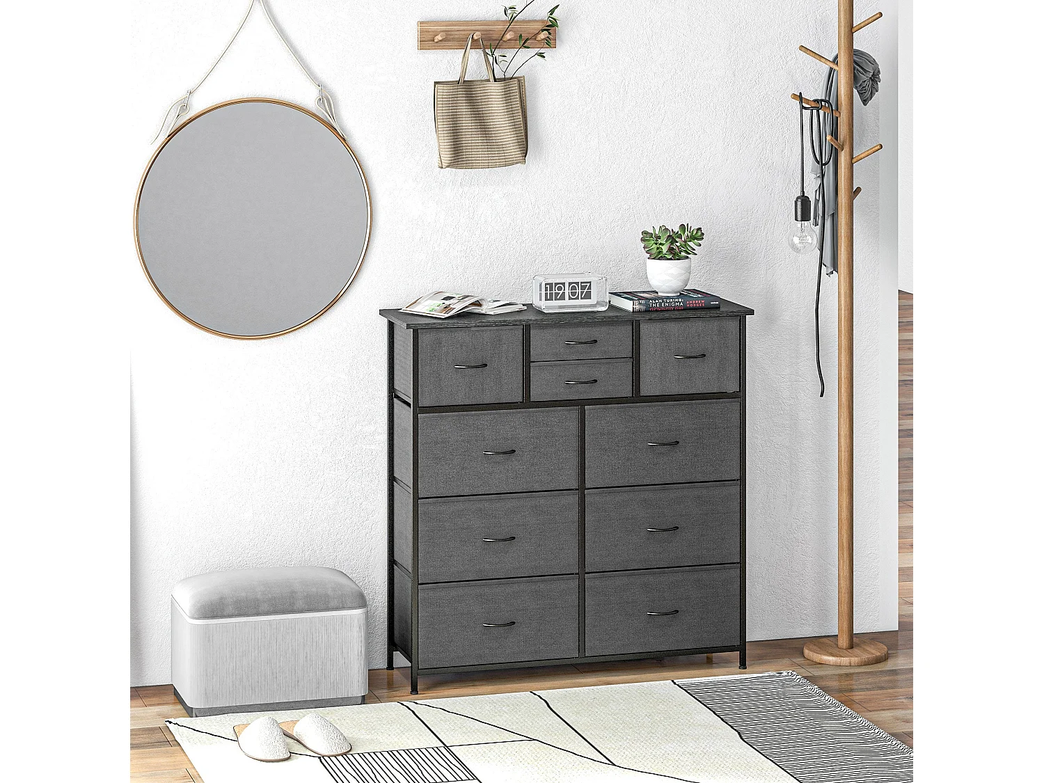 Salina 10 Drawer Black Fabric Dresser with Steel Frame