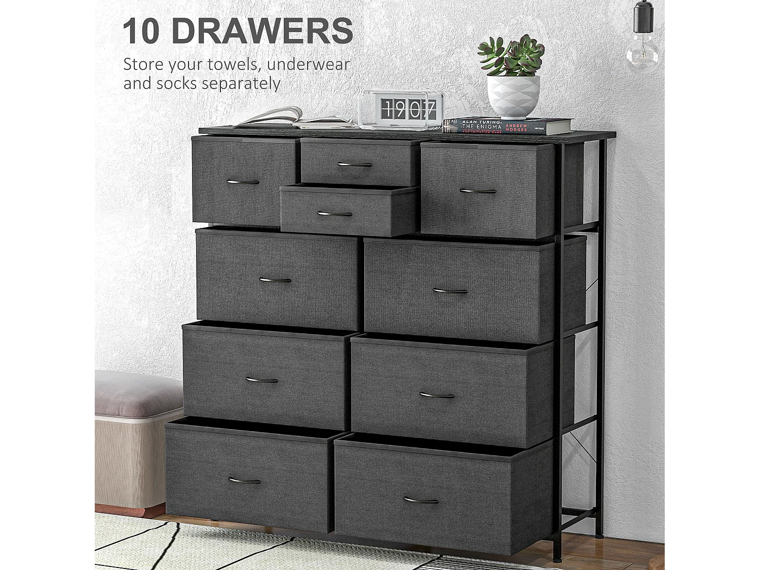 Salina 10 Drawer Black Fabric Dresser with Steel Frame