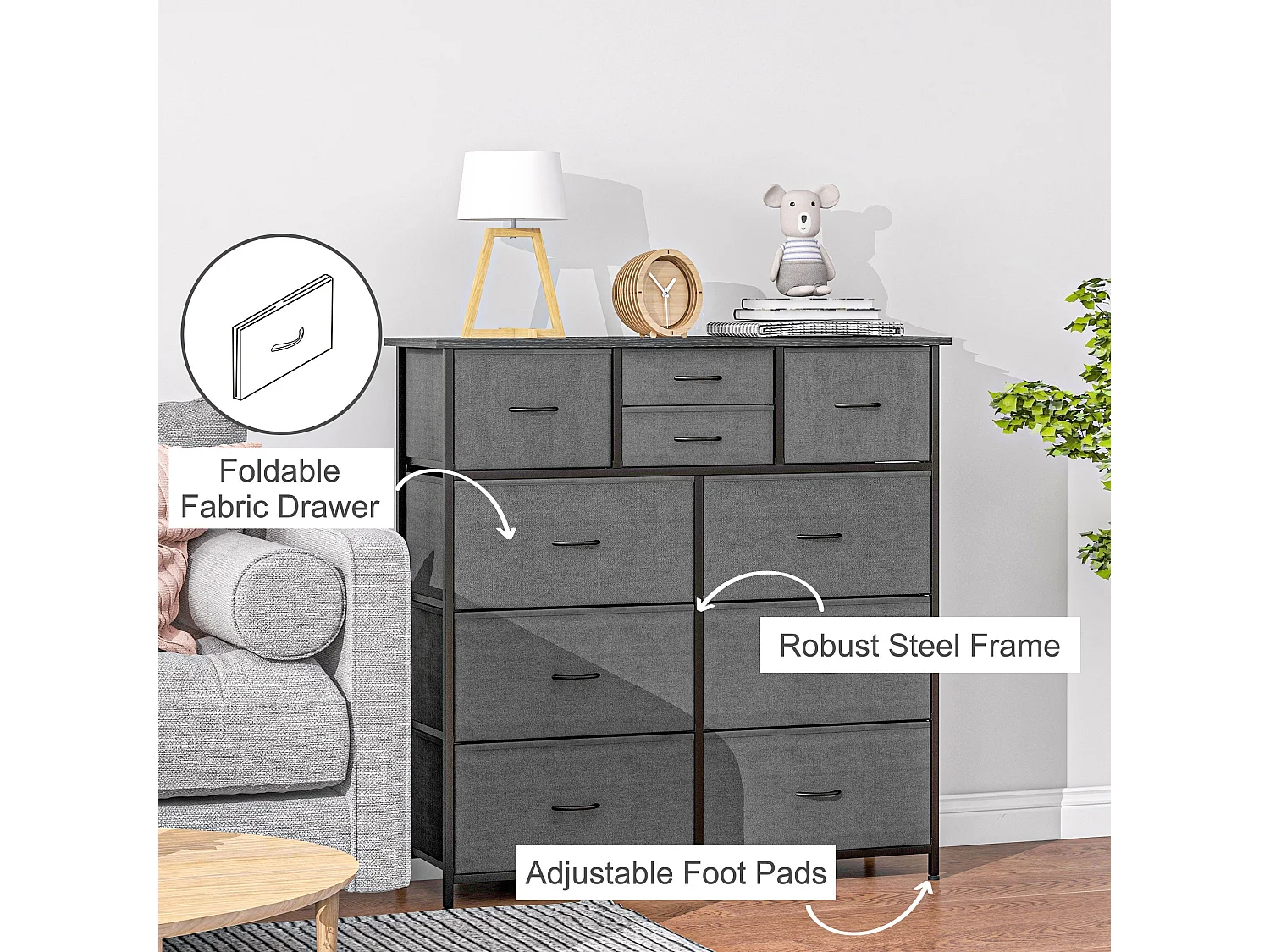 Salina 10 Drawer Black Fabric Dresser with Steel Frame