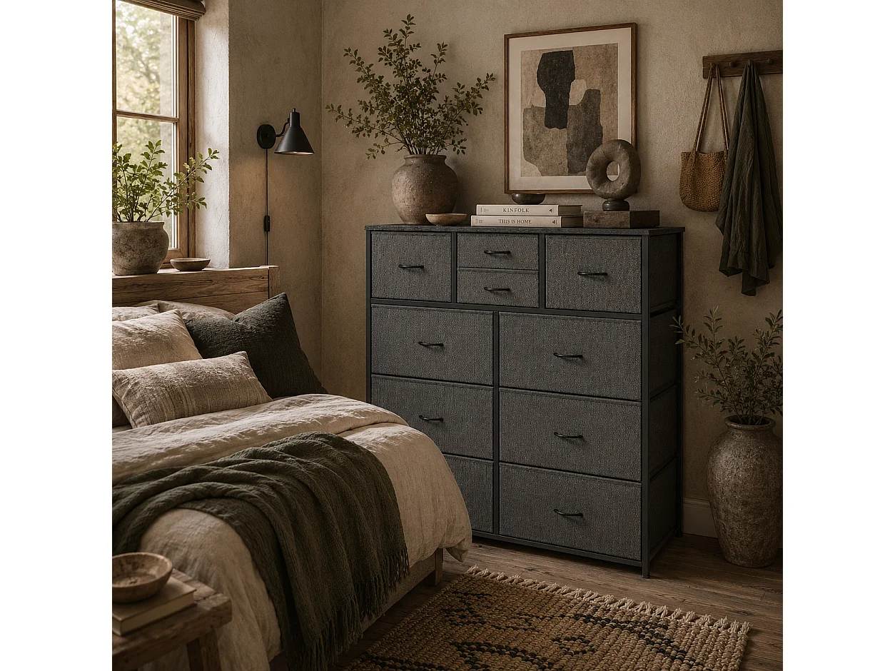 Salina 10 Drawer Black Fabric Dresser with Steel Frame