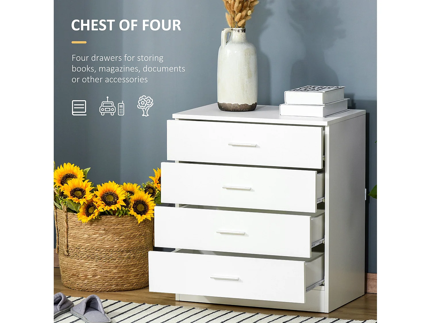 Ziroma White 4 Drawer Chest MDF and Metal Water Repellent Finish