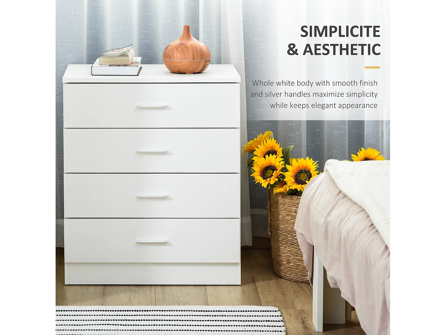 Ziroma White 4 Drawer Chest MDF and Metal Water Repellent Finish