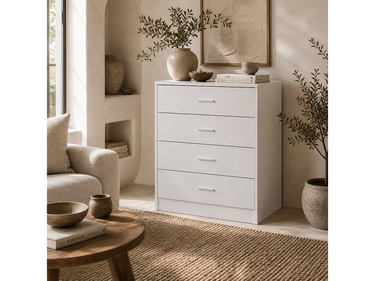 Ziroma White 4 Drawer Chest MDF and Metal Water Repellent Finish