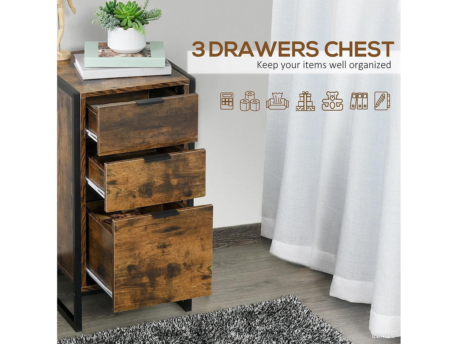 Miri Industrial 3 Drawer Chest Rustic Brown Wood and Black Metal