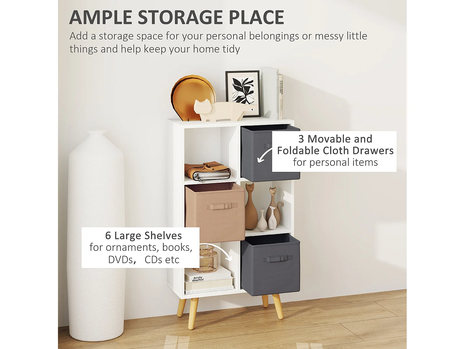 Nadiro 6 Cube White Storage Unit with 3 Removable Fabric Drawers