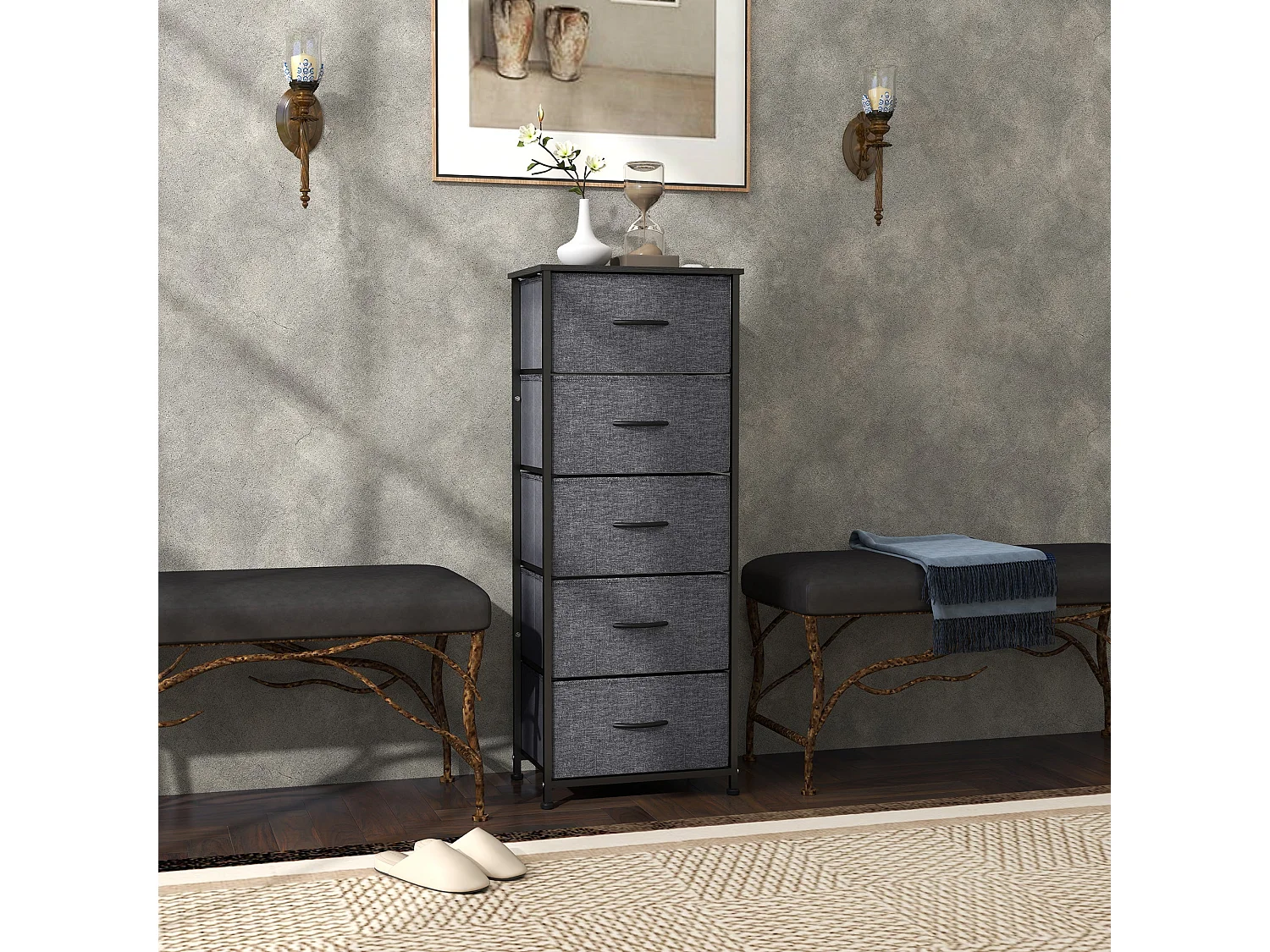 Ralora 5 Drawer Dark Grey Metal and Fabric Dresser with Steel Frame