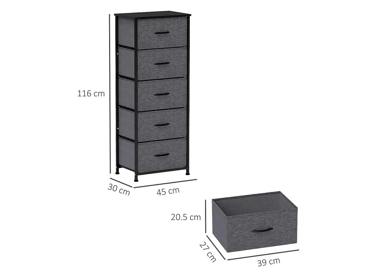 Ralora 5 Drawer Dark Grey Metal and Fabric Dresser with Steel Frame