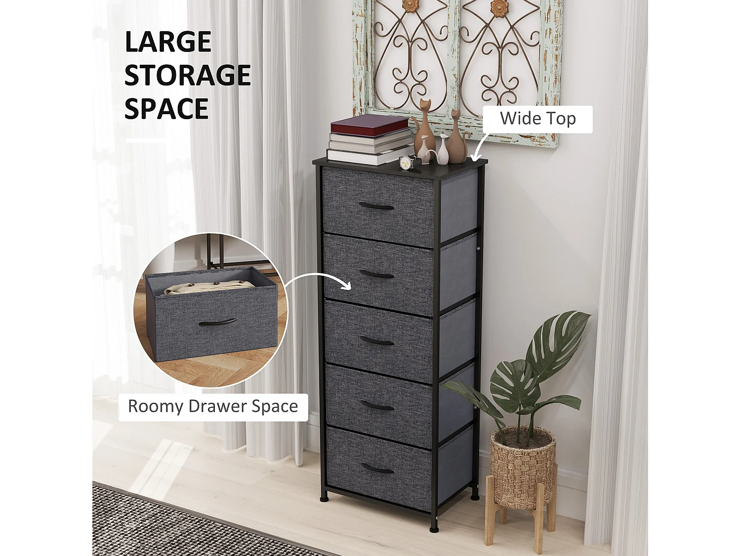 Ralora 5 Drawer Dark Grey Metal and Fabric Dresser with Steel Frame