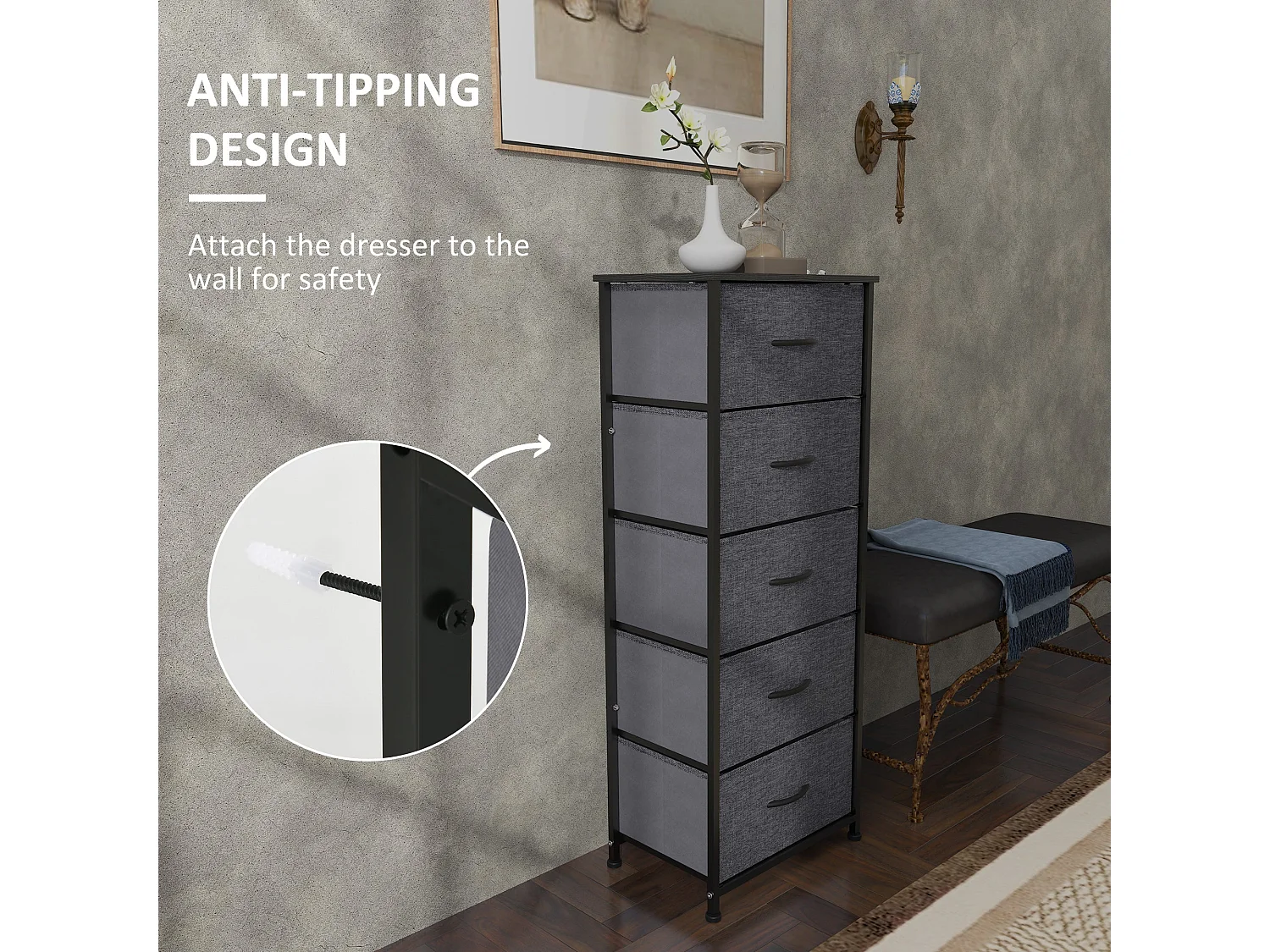 Ralora 5 Drawer Dark Grey Metal and Fabric Dresser with Steel Frame