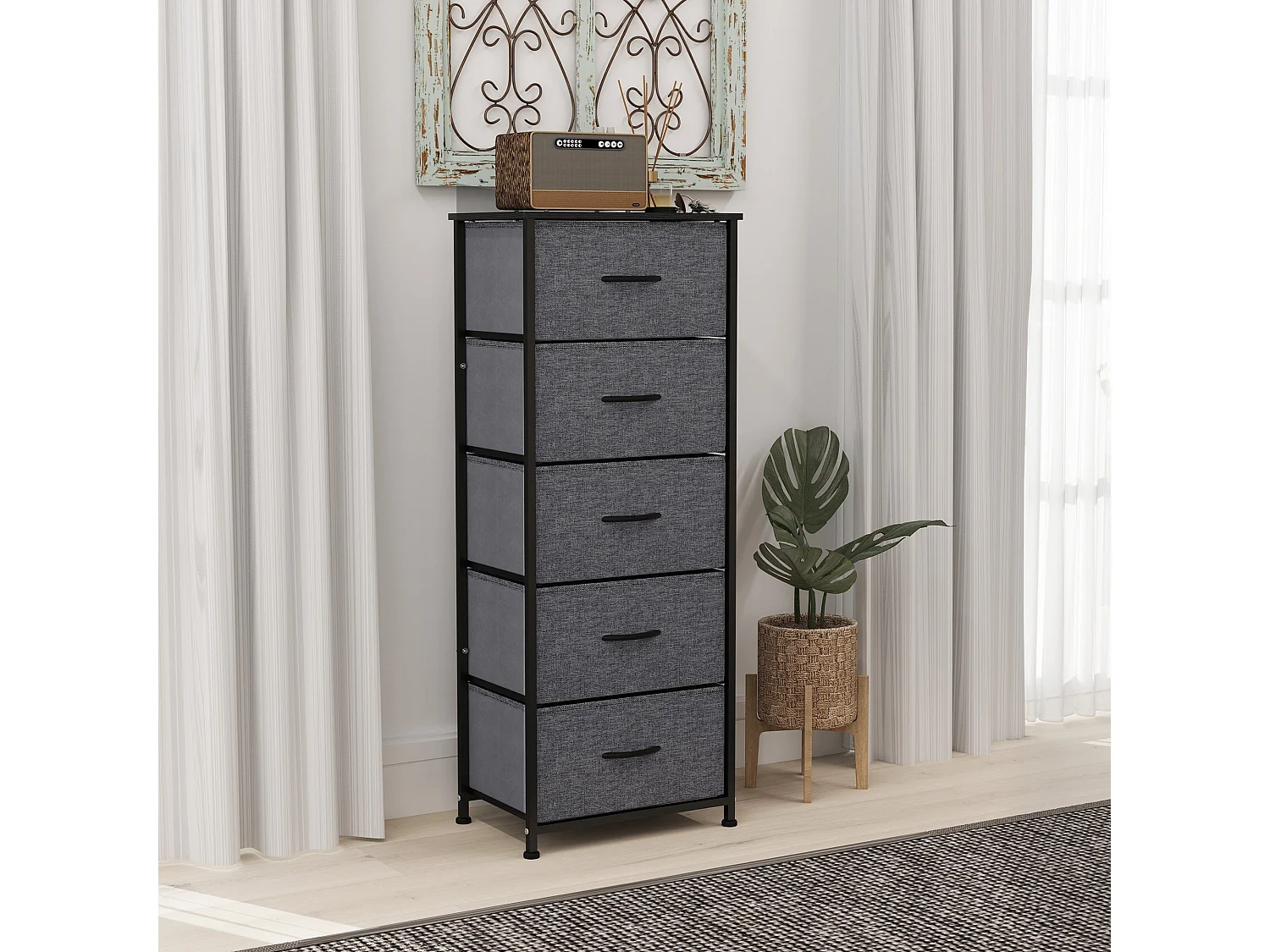 Ralora 5 Drawer Dark Grey Metal and Fabric Dresser with Steel Frame