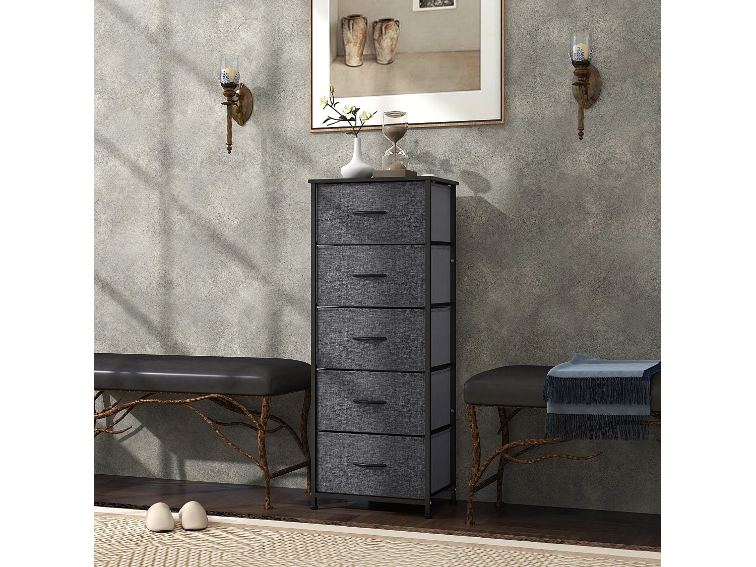 Ralora 5 Drawer Dark Grey Metal and Fabric Dresser with Steel Frame